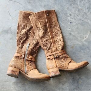 A.S.98 GENE Tan Perforated  Leather Boots with Buckle Detail